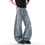 Niche Design Men's Jeans Washing Holes Contrast Color Worn-out Loose Wide Leg Casual Straight Male Denim Pants New