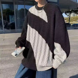 Korean style autumn and winter men and women trend splicing round neck sweater for couples loose retro Harajuku knitted top y2k