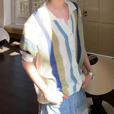 Leisure Breathable Hollow Out Shirt For Men Summer Beach Casual Short Sleeve Knitted Shirts Mens Fashion Striped Knitting Tops