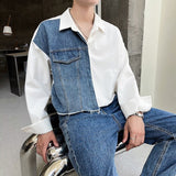 Daily Streetwear Mens Denim Patchwork Shirt Clothes Fashion Turn-down Collar Long Sleeve Button Shirts For Men Fall Casual Tops