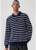 New American Trendy Men Polo Neck Sweaters Light Luxury Striped Knit Long Sleeve Pullover Tops High Quality Loose Knitwear M-3XL