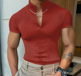 Men's T Shirt Knitted Solid Color V Neck Short Sleeve Summer Men Clothing Streetwear Fashion Casual Tee Tops S-5XL