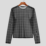 Men's Transparent Plaid T-shirts Long Sleeve Sexy Slim Streetwear O Neck Fashion Tops