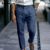 2025 Men's Stand Pocket LInen Beach Pants Solid White Trouser Plus Size Mens Casual Straight Pants Male Ankle-Length Bottoms New