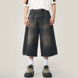 Summer Men Capri Short Jeans Male Fashion Retro Blue Denim Mid Pants Korean Casual Baggy Straight Wide Leg Calf Length Pants
