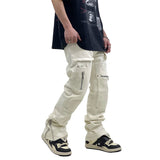 Hip Hop Vibe Heavy Functional Cargo Trousers for Men Fashionable Rivets Zipper Split Adjust Micro Flare Pants White Male Clothes