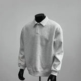 Deep Grey Polo Collar Sweatshirt Men's Spring Autumn Long Sleeve Turn Collar American Retro Jacket Loose Fit Casual Wear