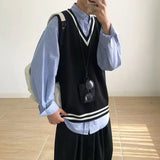 Panelled Sweater Vest Men Casual Knitted Soft All-match Baggy Harajuku Stretchy Handsome V-neck Slouchy Japanese Style Свитер