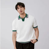 New Japanese Trendy Men Polo Shirt Light Luxury Slim-fit V Neck T-shirt Leisure Patchwork Short Sleeve Tops Retro Knitwear M-3XL