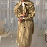 Korean Style Spring Trench Coat Man Streetwear Windbreaker Men Solid Business Casual Loose Sashe Fashion Long Overcoat 남성 트렌치코트