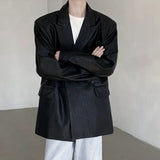 Fashion Men's Suit Casual PU Leather Patchwork Shoulder Padded Solid Color Double Breasted Male Blazers Autumn