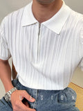 Zipper Knitted Short-sleeved Polo Shirt Men Summer American Retro Commuting Loose Vertical Striped Pit Strip Lapel T-shirt Men