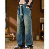 Men New Baggy Jeans Fashion Y2K High Street Retro Blue Trousers Elastic Drawstring Straight Wide Leg Loose Casual Denim Pants