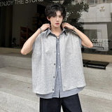 Niche Design Men's T-shirts Lapel Half Sleeve Fake Two-piece Single Breasted Plaid Patchwork Summer Loose Male Tops