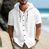 New Casual Solid Color Men's Shirt Summer Street Simple Style Hooded Drawstring Cotton Hemp Cardigan Loose Short Sleeve T-shirt