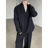 Korean Stylish V-neck Chic Button Blouses Front Pocket Harajuku Men's Solid Long Sleeve Turn-down Collar Shirt White/Black