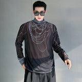 Men's T-shirt New Trendy Pearl Printing Contrast Color Stand Collar Baggy Male Long Sleeve Tops Niche Design Spring