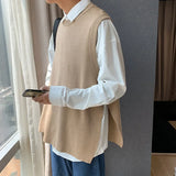 Solid Color Sweater Vest Men O-neck Loose Side-slit Button Oversize  Casual Knitwear Korean Style Students All-match Jumper