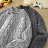 American Fashion Jacquard Sweater Men's Light Luxury Polo Neck Knitted Pullover Leisure Vintage Solid Color Long Sleeve Knitwear