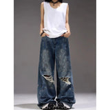Hip hop street men and women straight leg personality splicing washed denim distressed couple loose retro wide leg casual pants