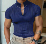 Men's T Shirt Knitted Solid Color V Neck Short Sleeve Summer Men Clothing Streetwear Fashion Casual Tee Tops S-5XL