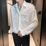 Off White Long Sleeved Shirt Men Fashion Society Mens Dress Shirt Korean Loose Casual Shirt Mens Pink Tassels Shirts M-2XL