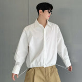 Korean Style Men's Shirts Casual Solid Color Long Sleeve Turn-down Collar Male Loose Tops Drawstring New Trend Spring
