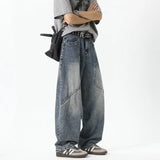 Mens Relaxed Fit Wide Leg Jeans Patchwork Design Floor Length Baggy Streetwear Casual Denim Pants 2025 Trendy Loose Trousers