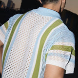 Vintage Striped Patchwork Knitting Polo Shirts For Men Summer Trendy Loose Hollow Out Polos Mens Tops Knit Short Sleeve T Shirt