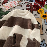 Korean Spring and Autumn Trendy Personalized Striped Round Neck Sweater for Couples Loose Retro Harajuku Casual Knitted Top y2k