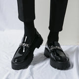 Classic Style Men ' s Leather Shoes Spring   Autumn Solid Black Height Increased Loafer Shoes Metal Decoration Fashion Banq38-44