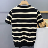 Summer Men's Clothing Leisure Light Luxury Knit O Neck T Shirt Korean Striped Short Sleeve Retro Breathable Fashion Knitwear