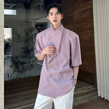 Korean Style Men's Shirts Stand Collar Solid Color Short Sleeved Casual Menswear Double Breasted Loose Male Shirt