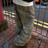 American Retro Leopard Print Casual Pants Y2K Streetwear Washed Loose Hip Hop Fashion Trend High Waisted Straight Leg Jeans