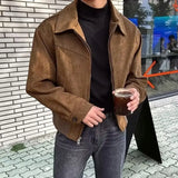 Spring Autumn Fashion Jackets Men Loose Turn Down Collar Coat Mens Vintage Casual Streetwear Outwear Solid Zipper Bomber Jacket