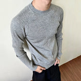 Pit Strip Design Men's Tees Long Sleeved Casual Knitting Round Collar Tops Slim Solid Color Male T-shirts Summer
