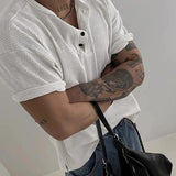 2025 Summer New Trendy Mens Tees Casual Short Sleeve Buttoned Henley Collar T Shirts Men Clothes Vintage Waffle Textured T-shirt