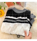 American autumn and winter street fashion personalized jacquard round neck pullover for couples loose retro color blocked knit