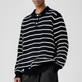 New American Trendy Men Polo Neck Sweaters Light Luxury Striped Knit Long Sleeve Pullover Tops High Quality Loose Knitwear M-3XL