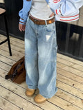 Trendy hip-hop American straight leg loose curved knife washed denim jeans for men and women personalized retro wide leg pants