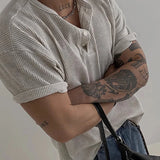 New Fashion Men Luxury Henry Collar T-Shirt Leisure Waffle Check Short Sleeve Tops American Style Lightweight Breathable Tees