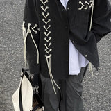 Unisex Vintage Punk Black Shirt Coat Men Women Spring Autumn Japanese Harajuku Tie Rope Top Versatile High Street Shirt
