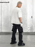 Spring Autumn Cool Black Cargo Pants Men with Big Pockets Long Zipper Luxury Designer Clothing Trousers Fashion