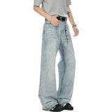 Korean Style Men Denim Pants Solid Color Washed Moustache Effect Wide Leg Trousers Loose Male Straight Jeans Summer