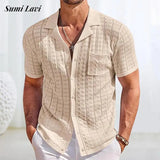 Vacation Seaside Beach Casual Shirts Mens Knitting Short Sleeve Button Lapel Knit Shirt Men Summer Fashion Knitted Texture Shirt