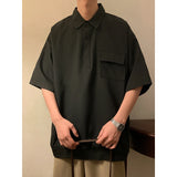Korean Style Mens Cargo Shirt Men Casual Shirt Solid Short Sleeve Shirts Black Men's Fashion Brand Summer Man Blouse Male Top