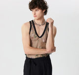 Men Tank Tops Mesh Embroidery O-neck Sleeveless Summer Male Vests Transparent Streetwear Fashion Men Clothing S-5XL