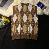 Men Sweater Vests Plaid Autumn Winter Retro Loose Couples Sleeveless Knitted Tops Chic V-neck Korean Style Soft Ins Casual Male