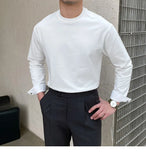 New Autumn Fashion Men T-shirt Light Luxury Solid Color Long Sleeve Tops Leisure Streetwear Casual O Neck Basic Shirts M-3XL