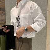 Korean Fashion Men High-end Light Blue Shirt Men Summer Solid Color Simple Casual Loose Button Pocket Long sleeve Shirts for Men